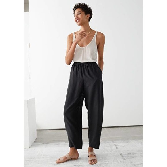 & Other Stories Silk Tapered Elastic Waist Relaxed Pull-On Trouser Pants Black 0 - Picture 2 of 11